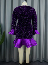 ONTINVA Sequins Velvet Mermaid Dress Midi Long Flare Sleeve Patchwork