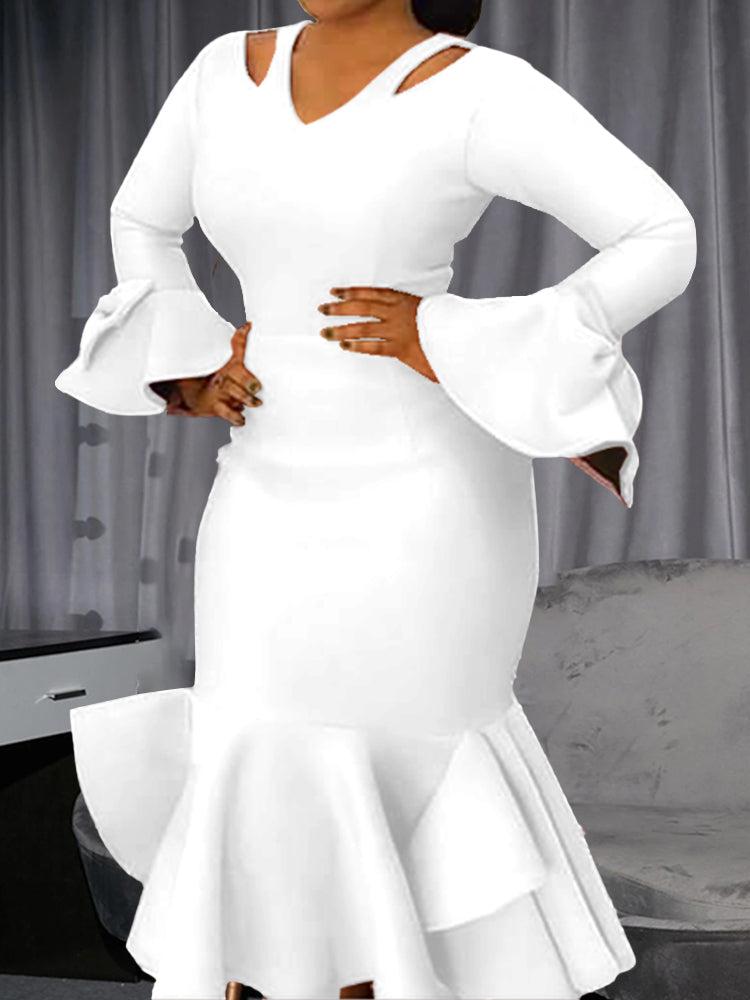 ONTINVA Long Flare Sleeves Cold Shoulder Bodycon Dress For Women