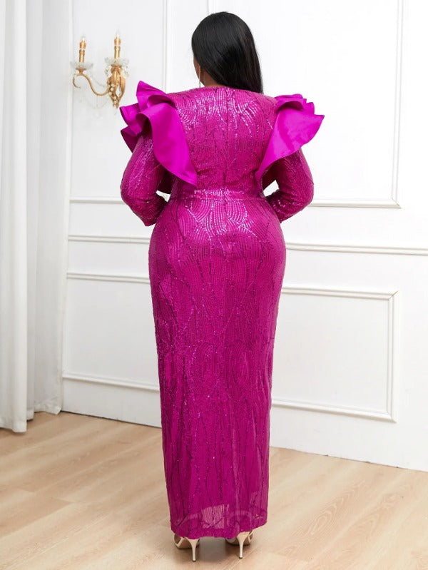 ONTINVA Ruffle Trim Sequined Evening Dress Maxi