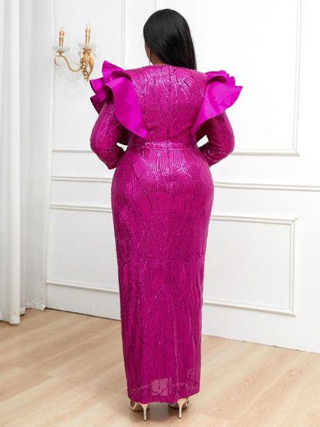 ONTINVA Ruffle Trim Sequined Evening Dress Maxi