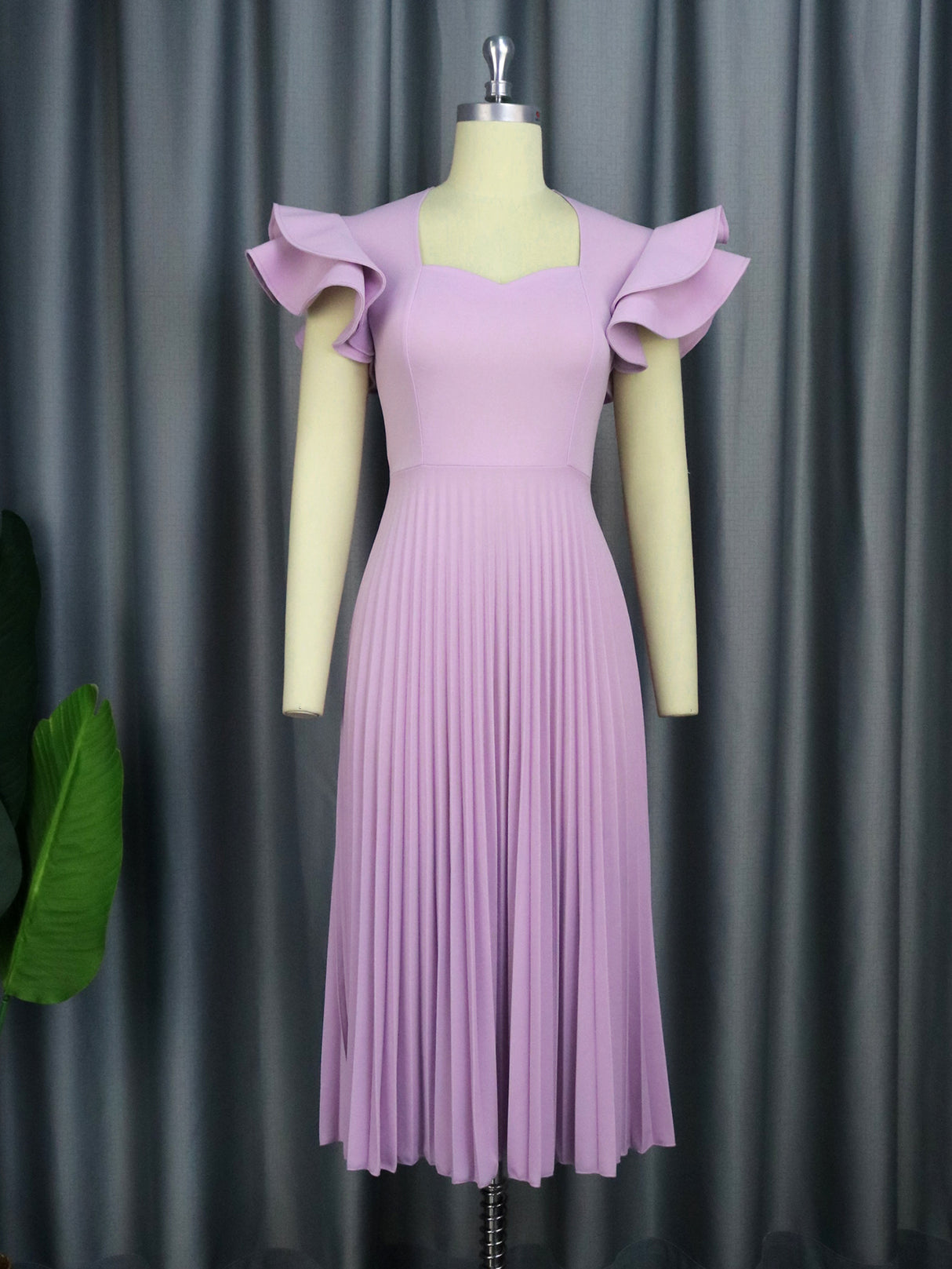ONTINVA Pleated Dresses for Women 2023 Party Elegant Tierred Ruffle Sleeve Square Collar Midi Robe Summer Event Formal Occasion Vestidos