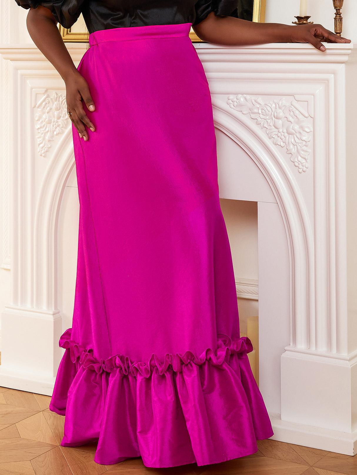 ONTINVA Women High Waist Rose Skirt Christmas Elegant Slim Ruffles Classy Saias Jupe Salads Femme Office Ladies Date Out 2023 New