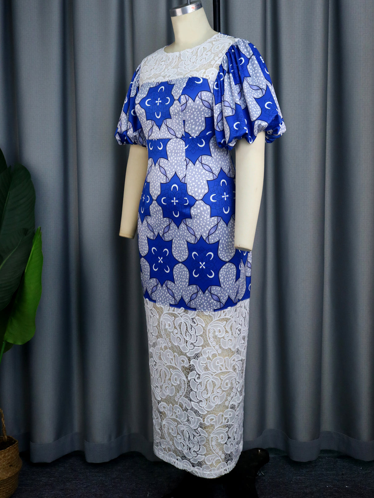 ONTINVA Plus Size Dresses for Women Blue Patchwork Lace O Neck Short Puff Sleeve Floral Printed Bodycon Evening Party Outfits