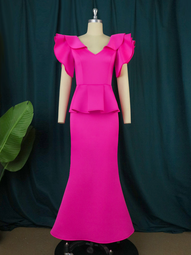 ONTINVA Women Party Long Dresses Maxi V Neck Peplum Ruffle Mermaid Short Sleeve Christmas Large Size  African Event Celebrate Gown