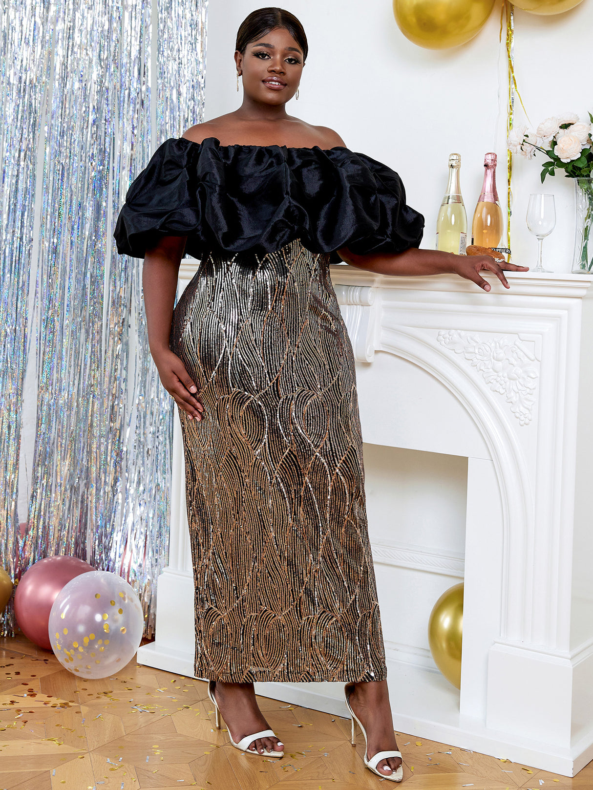 ONTINVA Evening Dress for Women Party Sequins Patchwork Strapless Maxi Robe Puff Sleeve Birthday Event Prom Sexy Cocktail Vestidos 2023