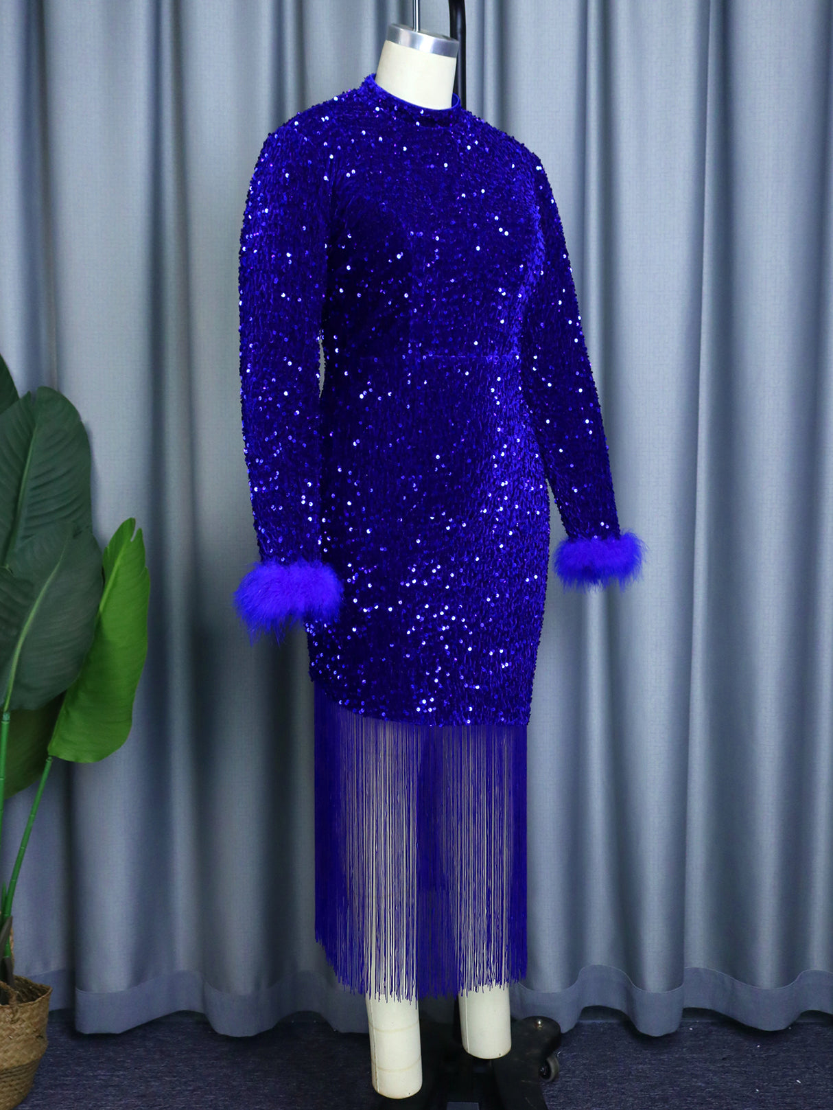 ONTINVA Women Dress Velvet Shiny Glitter Sequin Long Sleeve  Feather Tassel Autumn Package Hip Celebrate Occasion Birthday African Gown
