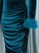 ONTINVA Women Velvet Dress Shiny Sequined Long Sleeves with Feather Autumn Female Christmas Celebrate Formal Birthday Prom Event Gowns