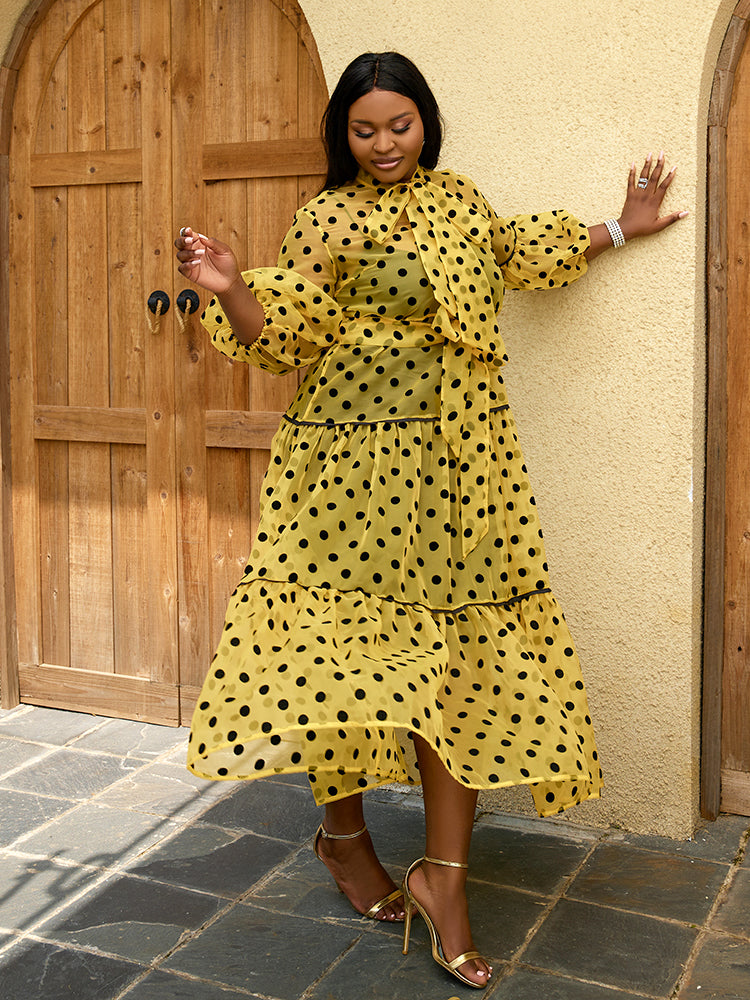 ONTINVA Women Long Dress Polka Dot Print Tulle See Through Mesh Loose Maxi Bow Collar Waist Belt Ruffle Sexy Elegant African Gowns