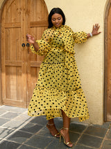 ONTINVA Women Long Dress Polka Dot Print Tulle See Through Mesh Loose Maxi Bow Collar Waist Belt Ruffle Sexy Elegant African Gowns