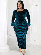 ONTINVA Women Velvet Dress Shiny Sequined Long Sleeves with Feather Autumn Female Christmas Celebrate Formal Birthday Prom Event Gowns
