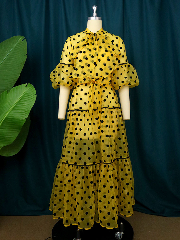 ONTINVA Women Long Dress Polka Dot Print Tulle See Through Mesh Loose Maxi Bow Collar Waist Belt Ruffle Sexy Elegant African Gowns