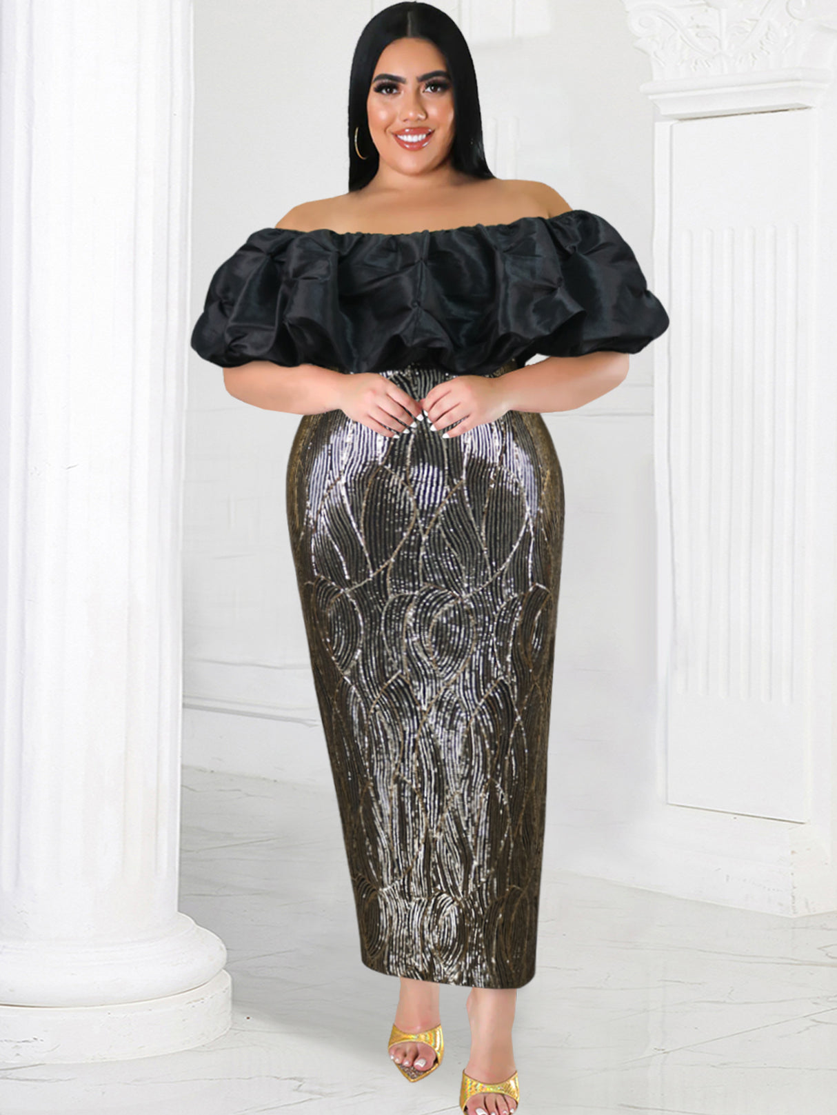 ONTINVA Evening Dress for Women Party Sequins Patchwork Strapless Maxi Robe Puff Sleeve Birthday Event Prom Sexy Cocktail Vestidos 2023