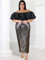 ONTINVA Evening Dress for Women Party Sequins Patchwork Strapless Maxi Robe Puff Sleeve Birthday Event Prom Sexy Cocktail Vestidos 2023