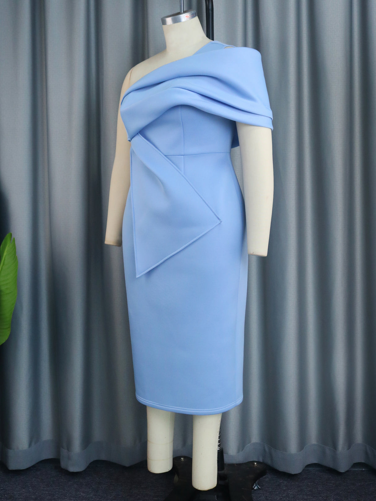 ONTINVA Blue One Shoulder Dresses for Women Plus Size Sheath Folds High Waist Split Pencil Midi Birthday Evening Gowns 4XL Outfits