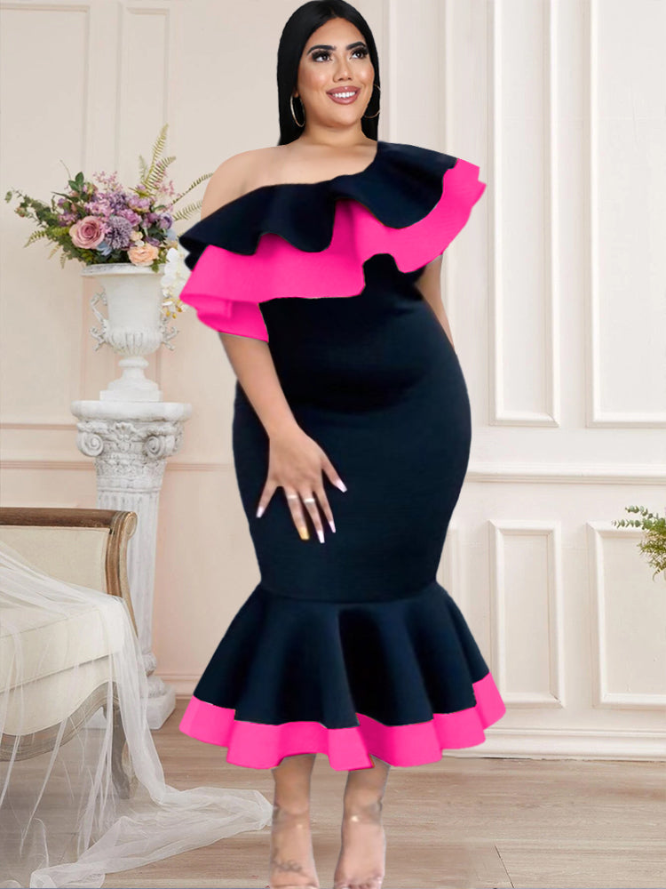 ONTINVA Party Dress Women Christmas 4XL Bodycon Mermaid Ruffles Off Shoulder Rose Black Midi Elegant African Birthday Event Gowns