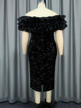 ONTINVA Mesh Ruffle Strapless Sequin Velvet Dress Midi