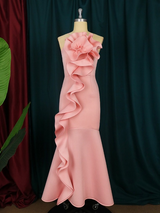 ONTINVA Pink Sleeveless Spaghetti Straps Big Flower Ruffles Long Party Dress