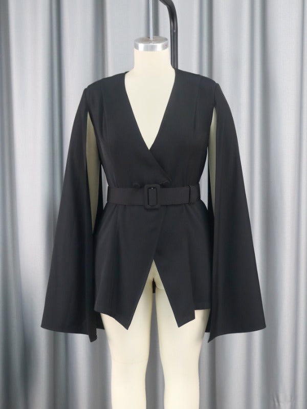 ONTINVA Women Black Blazers V Neck Cloak Sleeve with Waist Belt
