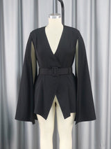ONTINVA Women Black Blazers V Neck Cloak Sleeve with Waist Belt