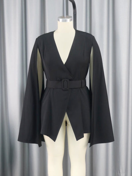 ONTINVA Women Black Blazers V Neck Cloak Sleeve with Waist Belt