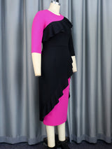 ONTINVA Elegant Dresses Women 2023 Ruffle Color Block O Neck Half Sleeve Autumn Evening Party  African Event Midi Gowns New