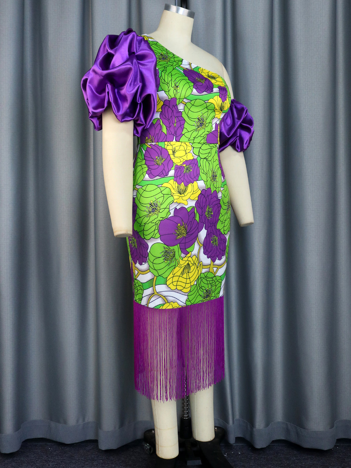 ONTINVA Patchwork Party Dress Plus Size Women Irregular Puff Sleeve Purple Printed Bodycon Midi Evening Cocktail Tassel Outfits