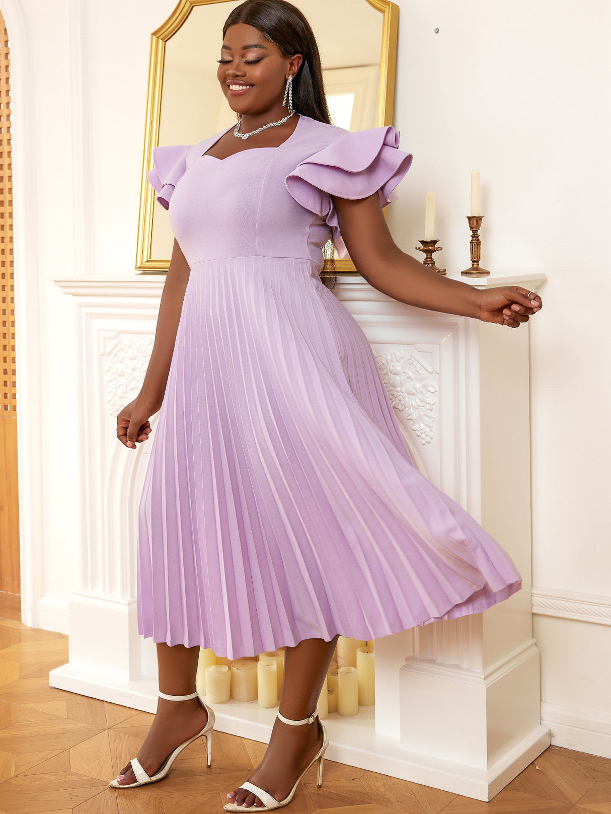 ONTINVA Pleated Dresses for Women 2023 Party Elegant Tierred Ruffle Sleeve Square Collar Midi Robe Summer Event Formal Occasion Vestidos