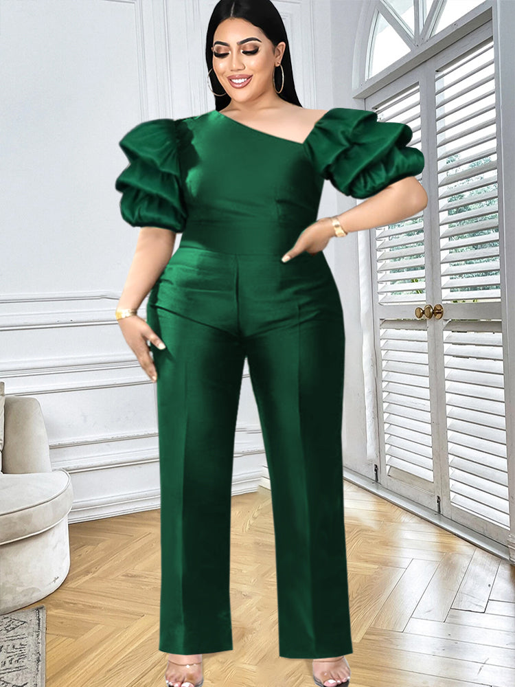 ONTINVA Women Jumpsuit High Waist Puff Sleeve Green Shiny Skew Collar Christmas Slim Elegant Summer Fashion Party Elegant New 2023