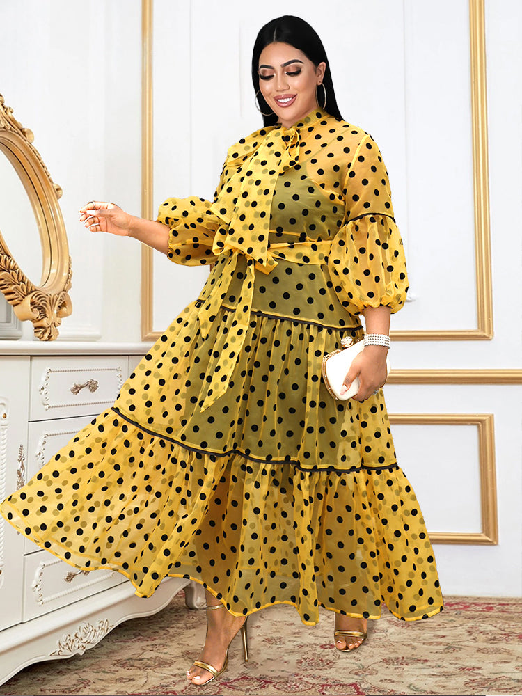 ONTINVA Women Long Dress Polka Dot Print Tulle See Through Mesh Loose Maxi Bow Collar Waist Belt Ruffle Sexy Elegant African Gowns
