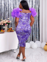 ONTINVA Purple Print Midi Dresses for Women Flower Short Sleeve Floral African Gowns Bodycon Evening Cocktail Event Party Outfits 4XL