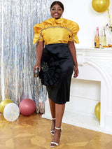 ONTINVA Elegant 2 Piece Set Women Ruffle Blouse Tops Luxury Shiny Applique skirt  Summer Chic Party Wear Large Size Golden Yellow