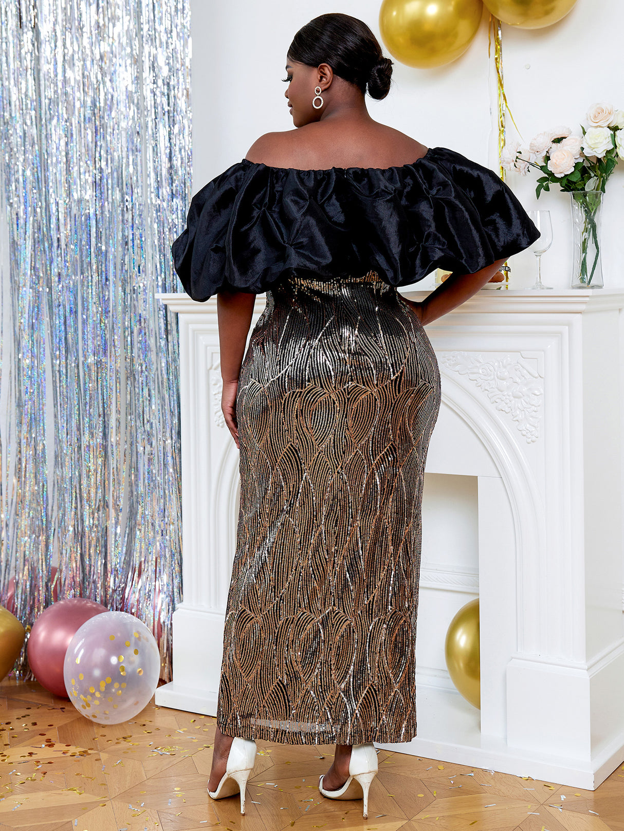 ONTINVA Evening Dress for Women Party Sequins Patchwork Strapless Maxi Robe Puff Sleeve Birthday Event Prom Sexy Cocktail Vestidos 2023