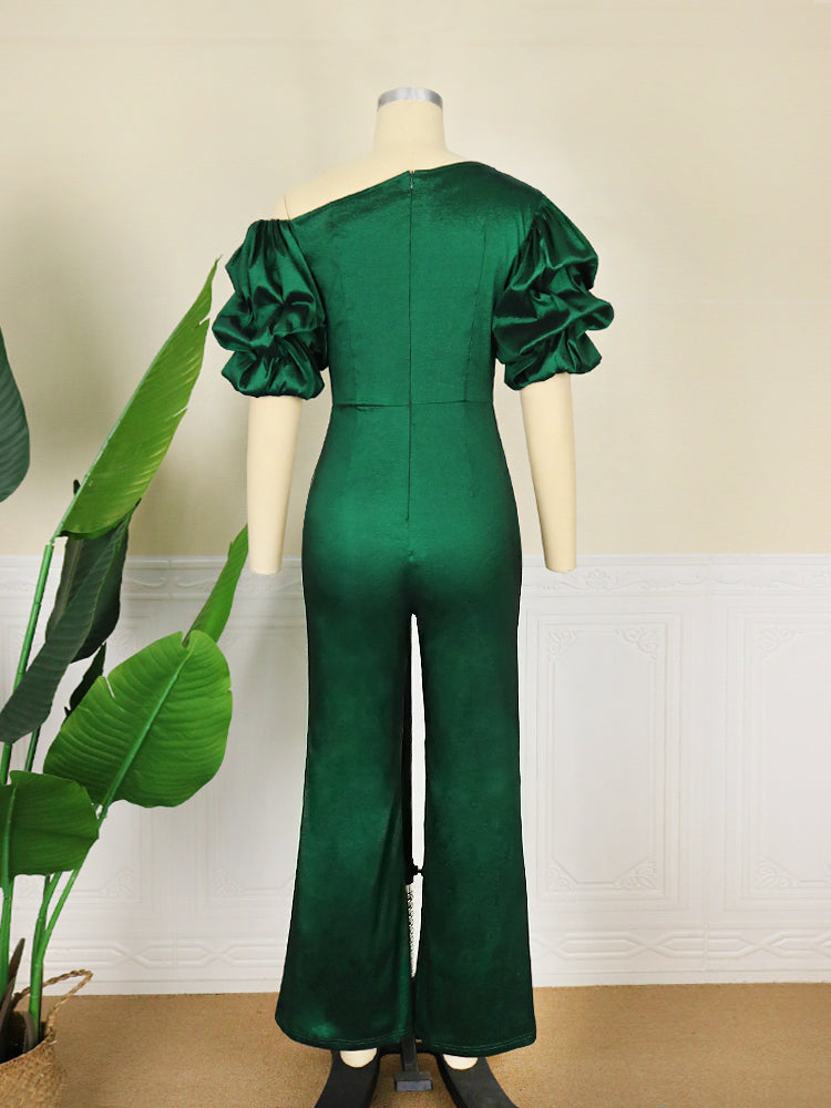 ONTINVA Women Jumpsuit High Waist Puff Sleeve Green Shiny Skew Collar Christmas Slim Elegant Summer Fashion Party Elegant New 2023
