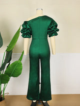 ONTINVA Women Jumpsuit High Waist Puff Sleeve Green Shiny Skew Collar Christmas Slim Elegant Summer Fashion Party Elegant New 2023