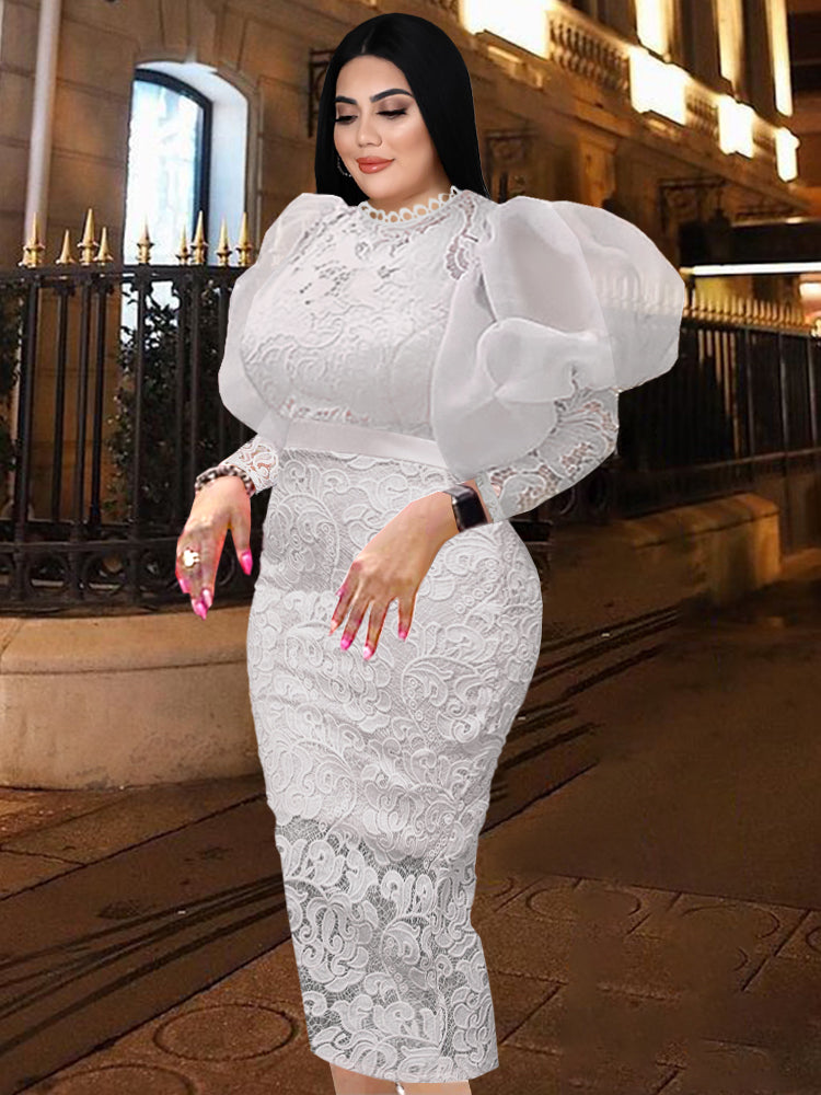 ONTINVA Puffy Long Sleeve Elegant Lace Bodycon Women Wedding Dress