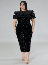 ONTINVA Mesh Ruffle Strapless Sequin Velvet Dress Midi