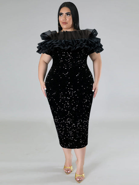 ONTINVA Mesh Ruffle Strapless Sequin Velvet Dress Midi