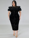 ONTINVA Mesh Ruffle Strapless Sequin Velvet Dress Midi
