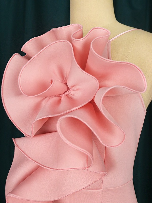 ONTINVA Pink Sleeveless Spaghetti Straps Big Flower Ruffles Long Party Dress