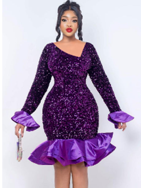 ONTINVA Sequins Velvet Mermaid Dress Midi Long Flare Sleeve Patchwork