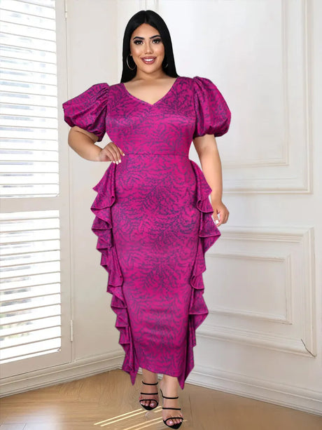 ONTINVA V Neck Short Puff Sleeve Floral Long Dresses