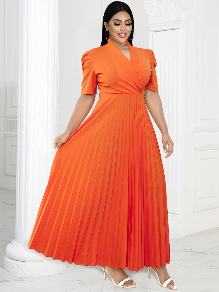 open lace back dress Plus Size V-Neck Long Sleeve Pleated Tie Waist Midi Dress main image 0