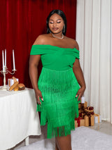 ONTINVA Green Tassel Dress Women Bodycon Off Shoulder Fringe Backless Midi Big Size 4XL Birthday Party Club Date Night Event Robes