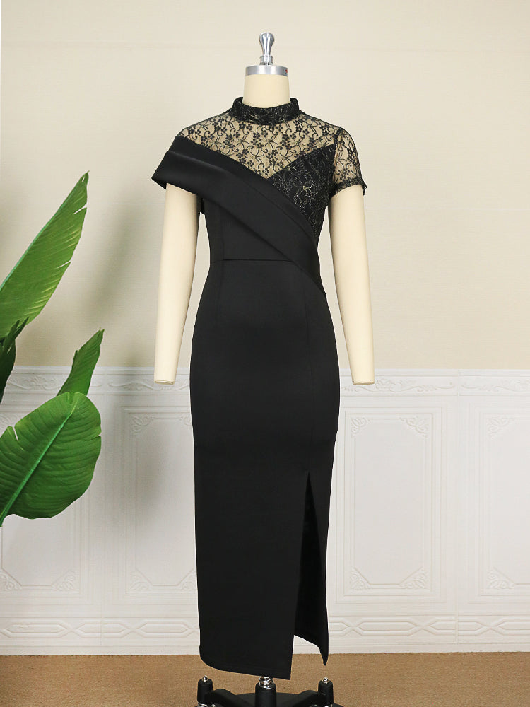 AOMEIDRESS Lace Patchwork Dress Long Elegant High Slit Bodycon for Women Party