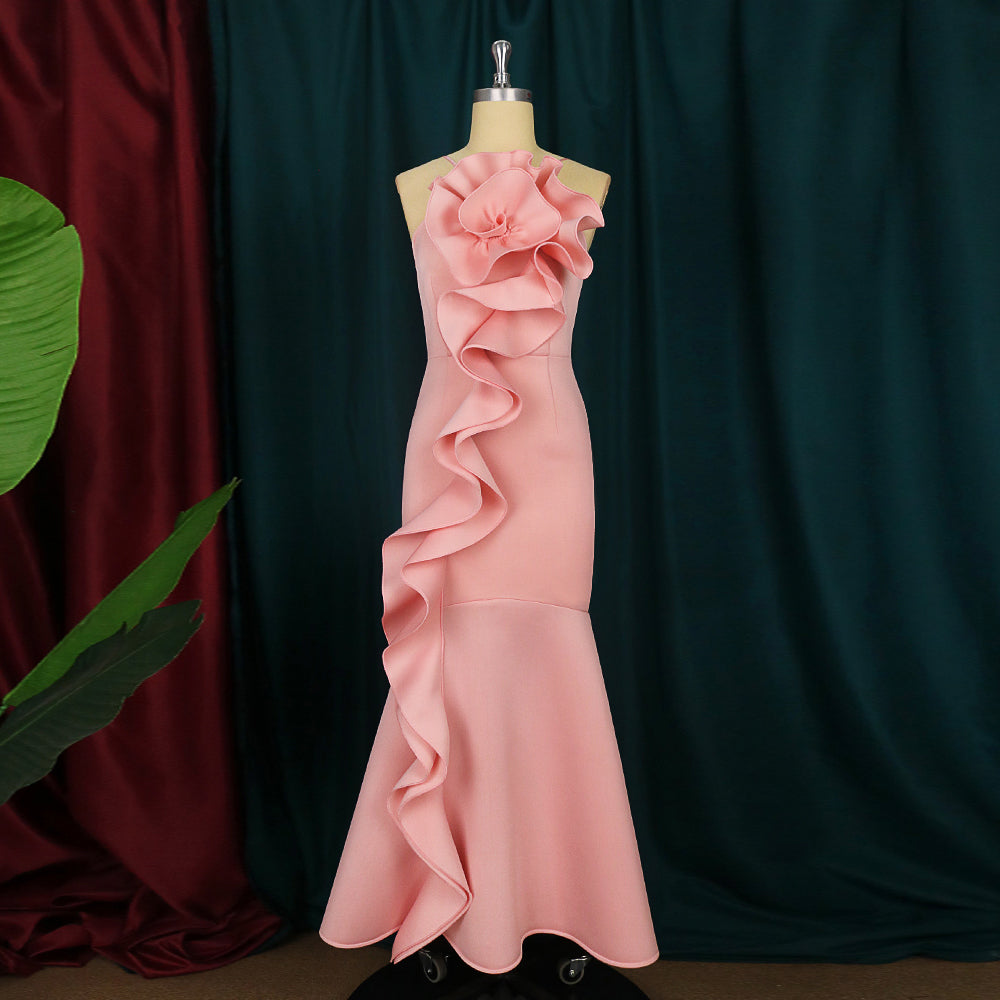 ONTINVA Pink Sleeveless Spaghetti Straps Big Flower Ruffles Long Party Dress
