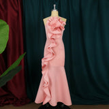 ONTINVA Pink Sleeveless Spaghetti Straps Big Flower Ruffles Long Party Dress