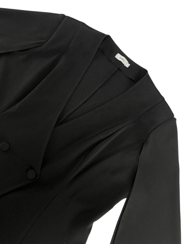 ONTINVA Women Black Blazers V Neck Cloak Sleeve with Waist Belt