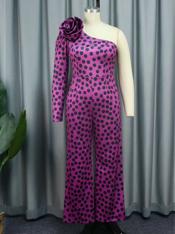 ONTINVA Polka Dot Printed Jumpsuit Plus Size One Shoulder