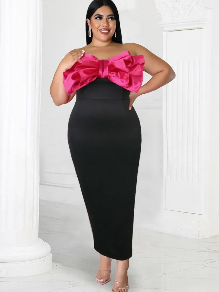 ONTINVA Black Strapless Big Bow Pencil Party Dress Women
