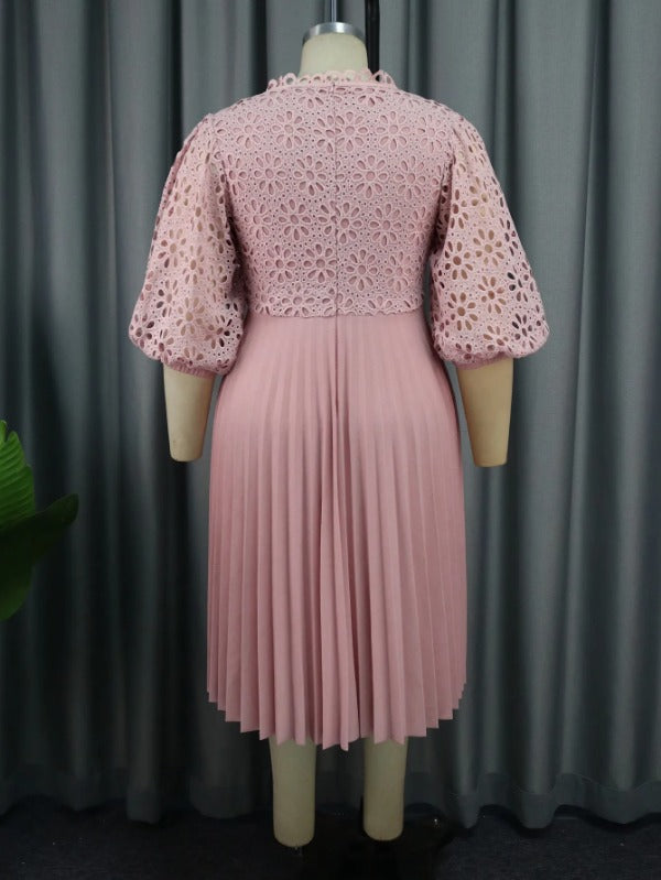 AOMEI Pink Lace Hollow Out Pleated Dresses Midi